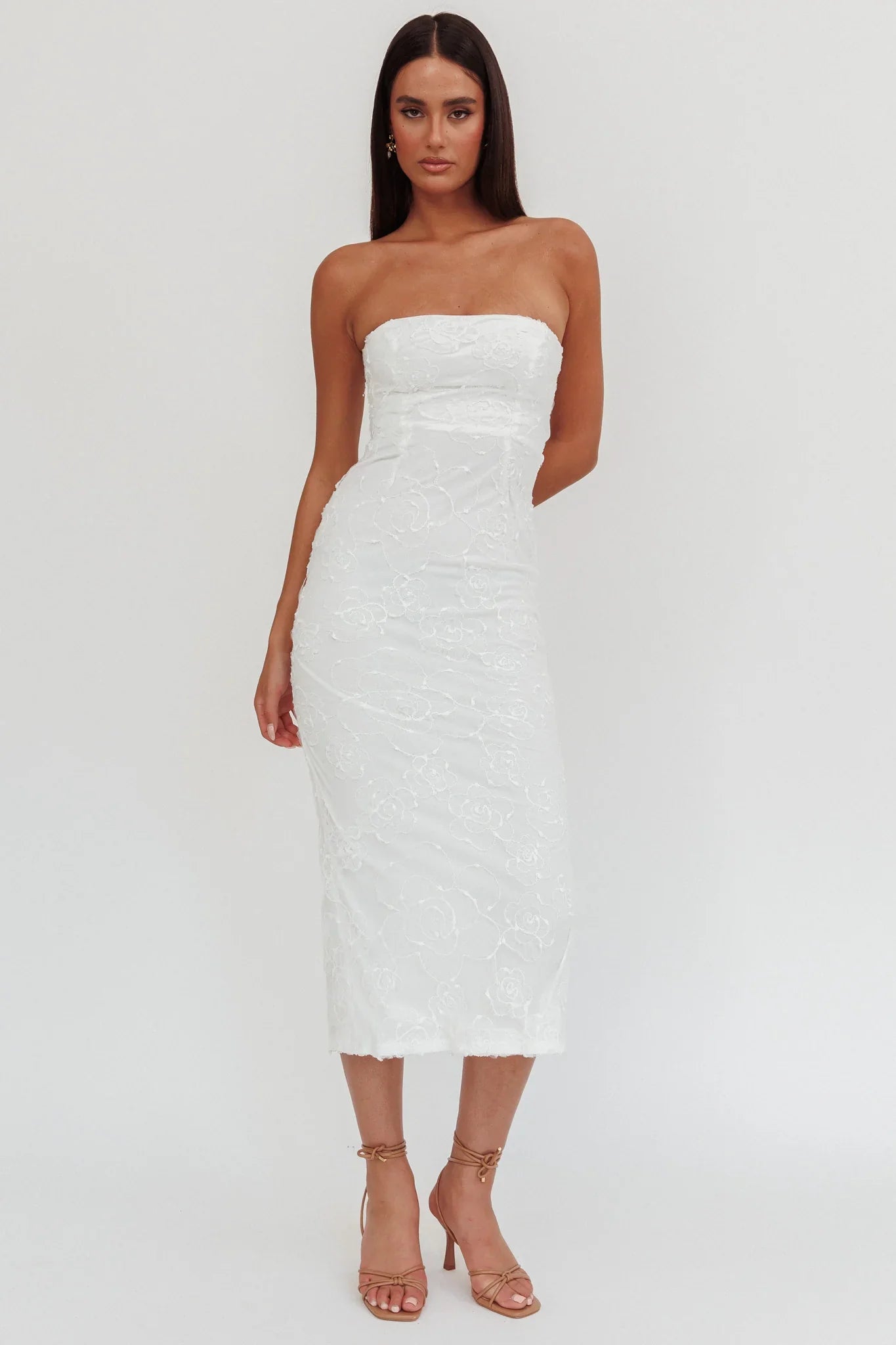Bia Strapless Embroidered Midi Dress White