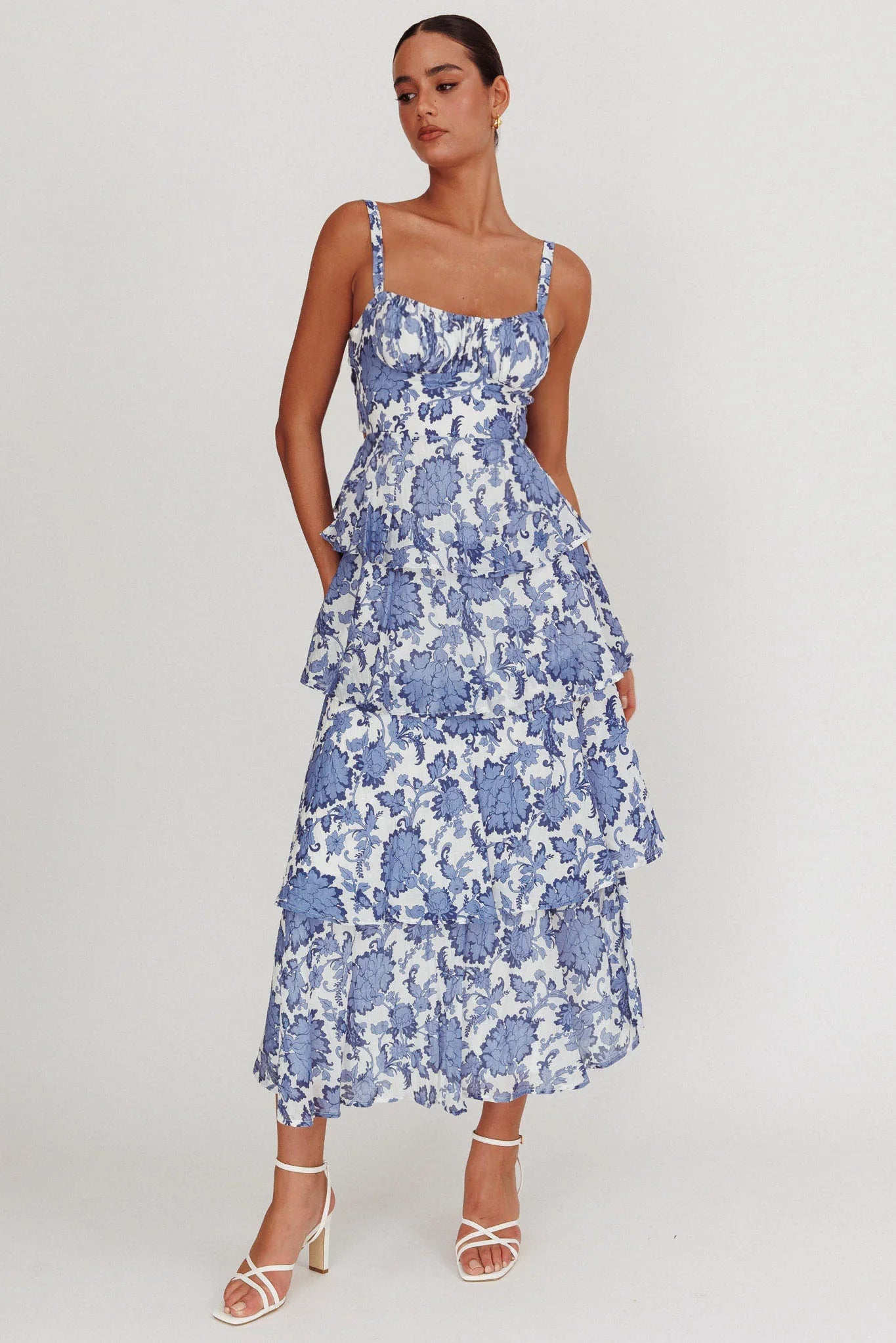 Provence Bloom Tiered Maxi Dress Floral Blue